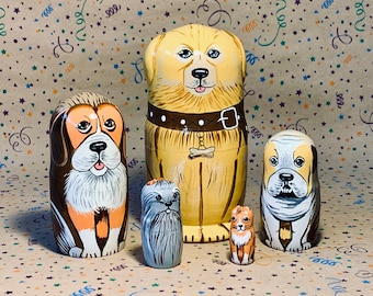Bonecas Matrioska de Cachorros Felizes, 5 peças: Conjunto de Matrioska de Madeira Pintada à Mão, Decoração de Páscoa para Quarto Infantil