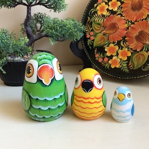 Parrot Nesting Dolls: 3-Piece Hand Painted Wooden Matryoshka Set, Kids Room Decor