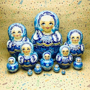 Ukrainian Nesting Doll with Blue Floral Ornament Petrykivka Folk Art, Personalized Birthday Treasure, Unique Big Size Wooden Matryoshka Doll
