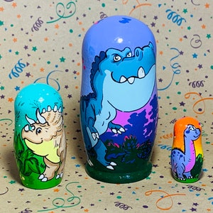 Dinosaur Matryoshka Nesting Doll 3 pcs 4.2&quot; Dino Kids Room Decor, Learning and Montessori, Personalised Birthday, Developing skills Zoo Toyl