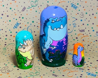 Dinosaur Matryoshka Nesting Doll 3 pcs 4.2" Dino Kids Room Decor, Learning and Montessori, Personalized Birthday, Developing skills Zoo Toyl