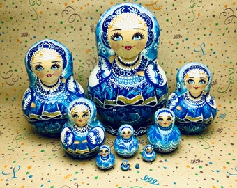 Ukrainian Nesting Doll with Blue Petrykivka Folk Painting, Collectible Wooden Art Matryoshka, Doll for Shelf, Unique Blue Flowers Home Decor