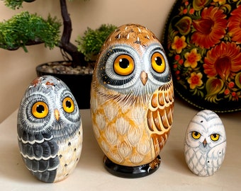 Cute Owls Family Nesting Egg 3pcs 5,6” Wooden Matryoshka Art Collectible Doll Owl Home Decor Personalized Gift Birthday Treasure Kids   Game