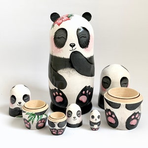 Panda Bears Matryoshka, Nesting Doll 5pcs 5,3/13,5cm or 4.25'' 11 cm, Baby Panda Room Decor, Personalised Doll for Kids, Asia Style Decor image 2