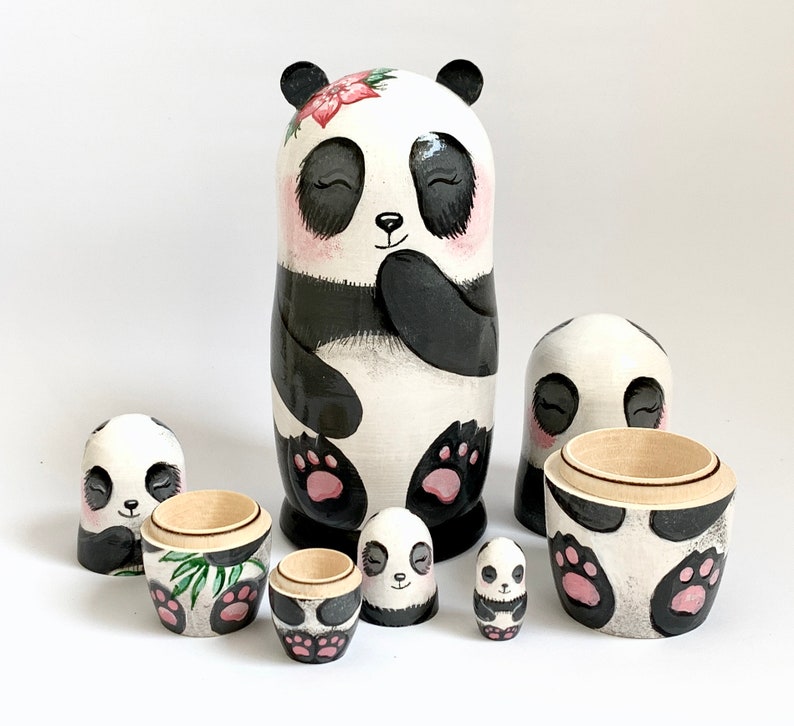 Panda Bears Matryoshka, Nesting Doll 5pcs 5,3/13,5cm or 4.25'' 11 cm, Baby Panda Room Decor, Personalised Doll for Kids, Asia Style Decor image 2