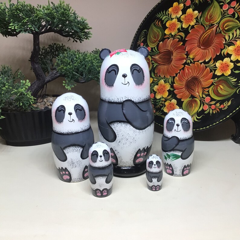 Panda Bears Matryoshka, Nesting Doll 5pcs 5,3/13,5cm or 4.25'' 11 cm, Baby Panda Room Decor, Personalised Doll for Kids, Asia Style Decor 6,4 inches