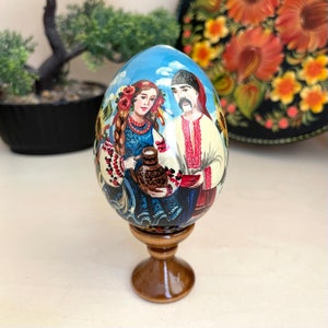 Ukrainian Couple with Jug Art Wooden Egg, Collectible Miniature, Hand Painted Home Decor, Christmas  Birthday Wedding Personalised Gift