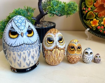 New Owl Nesting Egg  5pcs 11cm/4,3&#39;&#39; Matryoshka Nesting Doll 5pcs, Owls Room Decor, Forest Birds Home Decor, Personalised Gift for Christmas
