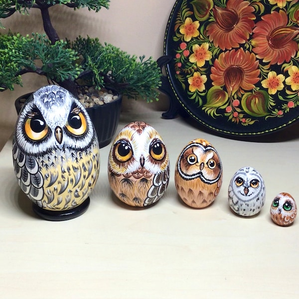 Owls Family Nesting Eggs, Wooden Owl Home Decor, Personalised Birthday Gift, Ukrainian Art Doll, Cute Baby Owls set, Personalised Room Decor