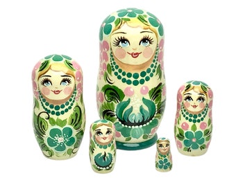 Matryoshka with Green Flower 5pcs 4,2” Hand Painted Matryoshka, Kids Room Decor, Personalized Birthday Gift, Wooden Montessori Stacking Toy