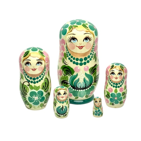 Matryoshka with Green Flower 5pcs 4,2” Hand Painted Matryoshka, Kids Room Decor, Personalized Birthday Gift, Wooden Montessori Stacking Toy