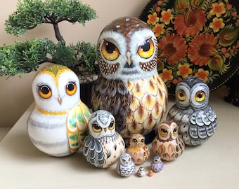 NEW Unique Owls Nesting Doll 10pcs 6,5” Hand Painted Wooden Matryoshka, Owls Home Decor, Personalised Easter Gift, Miniature Collectible Art