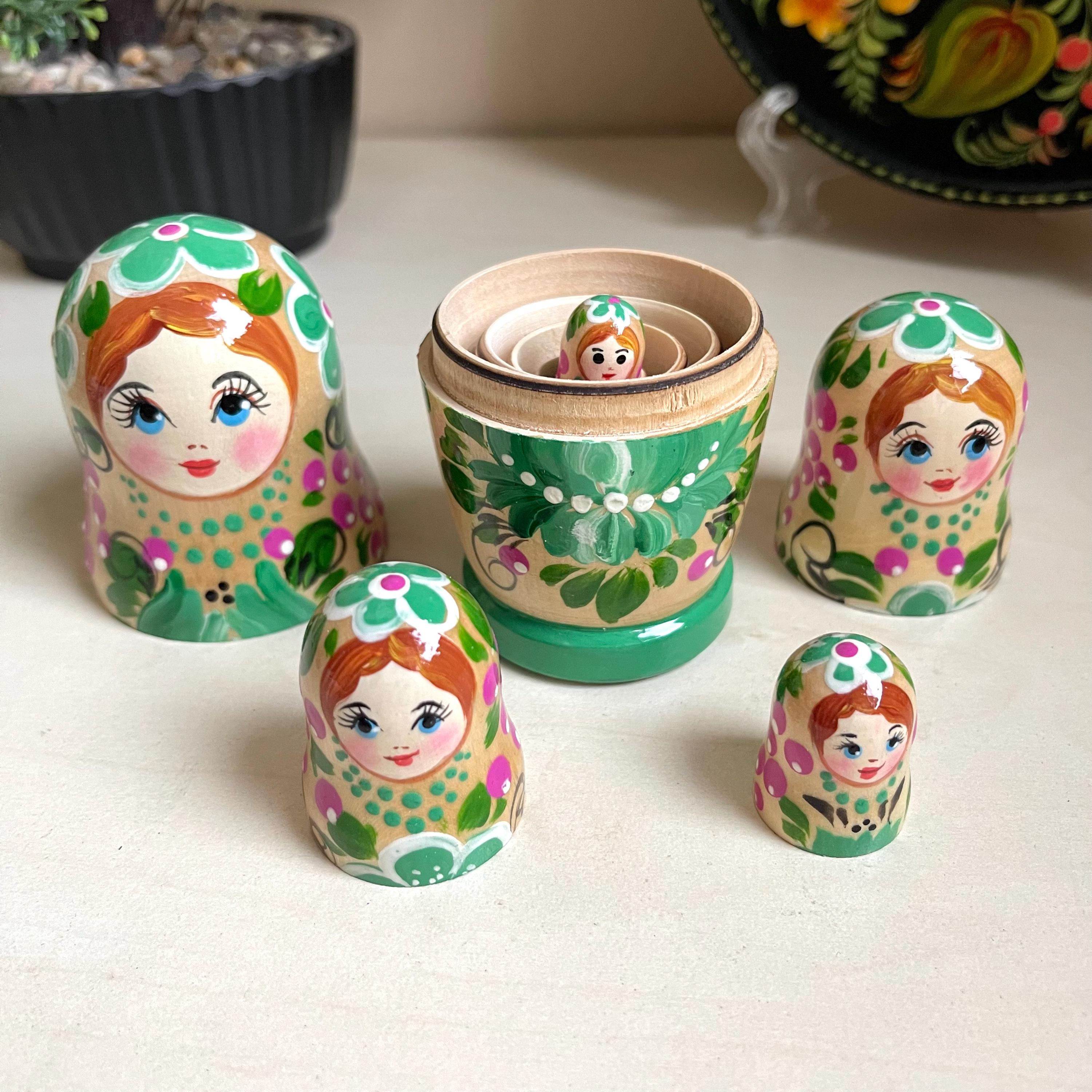 Handpainted Matryoshka Doll, Green Floral Home Ornament, Nesting