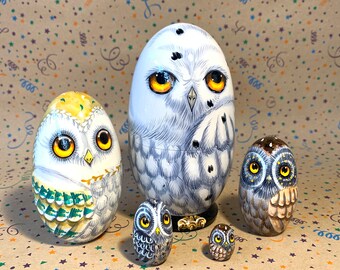 Lot 5 Poupées Gigognes Hibou En Bois - Matriochka Animaux Main Peinte - Cadeau Enfant Noël