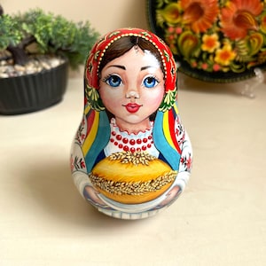 Ukrainian Girl with Bread Unique Collectible Musical Roly Poly Doll, Hand Painted Birthday Treasure, Souvenir from Ukraine, Kids Room Decor