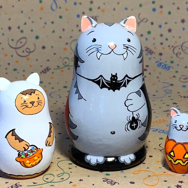 Halloween Happy Cats Nesting Dolls, Matryoshka 3 pcs 8,5 cm, Halloween art Room Decor, Personalized Halloween Kids Gift, Vampire Ghost Cat