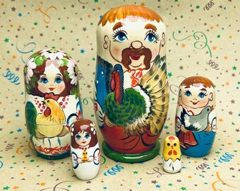 Thanksgiving Day Nesting Doll 5pcs 4,4’ Cute Ukrainian Family Matryoshka, Personalized Birthday Gift, Kids Room Decor, Art Collectible Doll