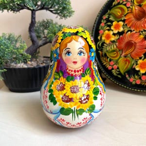 Ukraine Roly Poly Musical - Girl with Yellow Bouquet of Sunflowers & Yellow Wreath, Ukrainian style Petrykivka, Musical Wooden Tumbling Doll