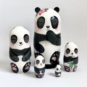 Panda Bears Matryoshka, Nesting Doll 5pcs 5,3/13,5cm or 4.25'' 11 cm, Baby Panda Room Decor, Personalised Doll for Kids, Asia Style Decor 5,4 inches