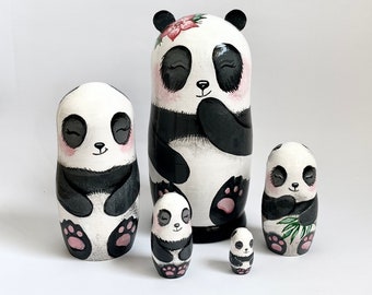 Panda Bears Matryoshka, Nesting Doll 5pcs 5,3”/13,5cm or 4.25'' 11 cm, Baby Panda Room Decor, Personalised Doll for Kids, Asia Style Decor