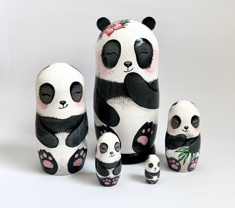 Panda Bears Matryoshka, Nesting Doll 5pcs 5,3/13,5cm or 4.25'' 11 cm, Baby Panda Room Decor, Personalised Doll for Kids, Asia Style Decor 5,4 inches