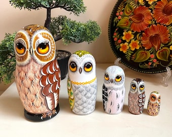 Muñecas Matryoshka de búhos (5 piezas), juego de madera con figuras de búhos pintadas a mano, figura de ave del bosque, regalo para amantes de los búhos.