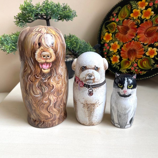 Custom Pet Portrait, Matryoshka Nesting Doll, Hand Painted Wooden Toy with Dog Portrait, Personalised Doll with Cats, Dogs, Parrots, Pets