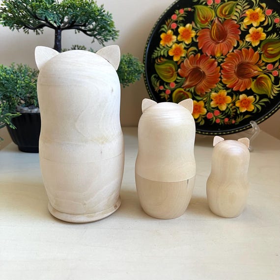 Unpainted Wooden Cat Nesting Dolls, DIY Stacking Blank Set for painting