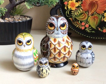NEW Owls Nesting Doll 5pcs HandPainted Miniature Wooden Set, Ukrainian Art, Cute Owl Home Decor, Personalized Birthday Gift Collectible Doll