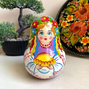 Roly Poly Musical Ukraine style Petrykivka, Girl with Pie Ukraine Art Doll 5,2&quot;, Musical Wooden Tumbling Doll, Toddler Gift, Nevalyashka Toy