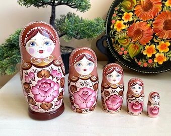 New Floral Ornament Nesting Doll 5pcs 5,4” Hand Painted Wooden Matryoshka, Ukrainian Art Doll, Flowers Living Room Decor, Birthday Treasure
