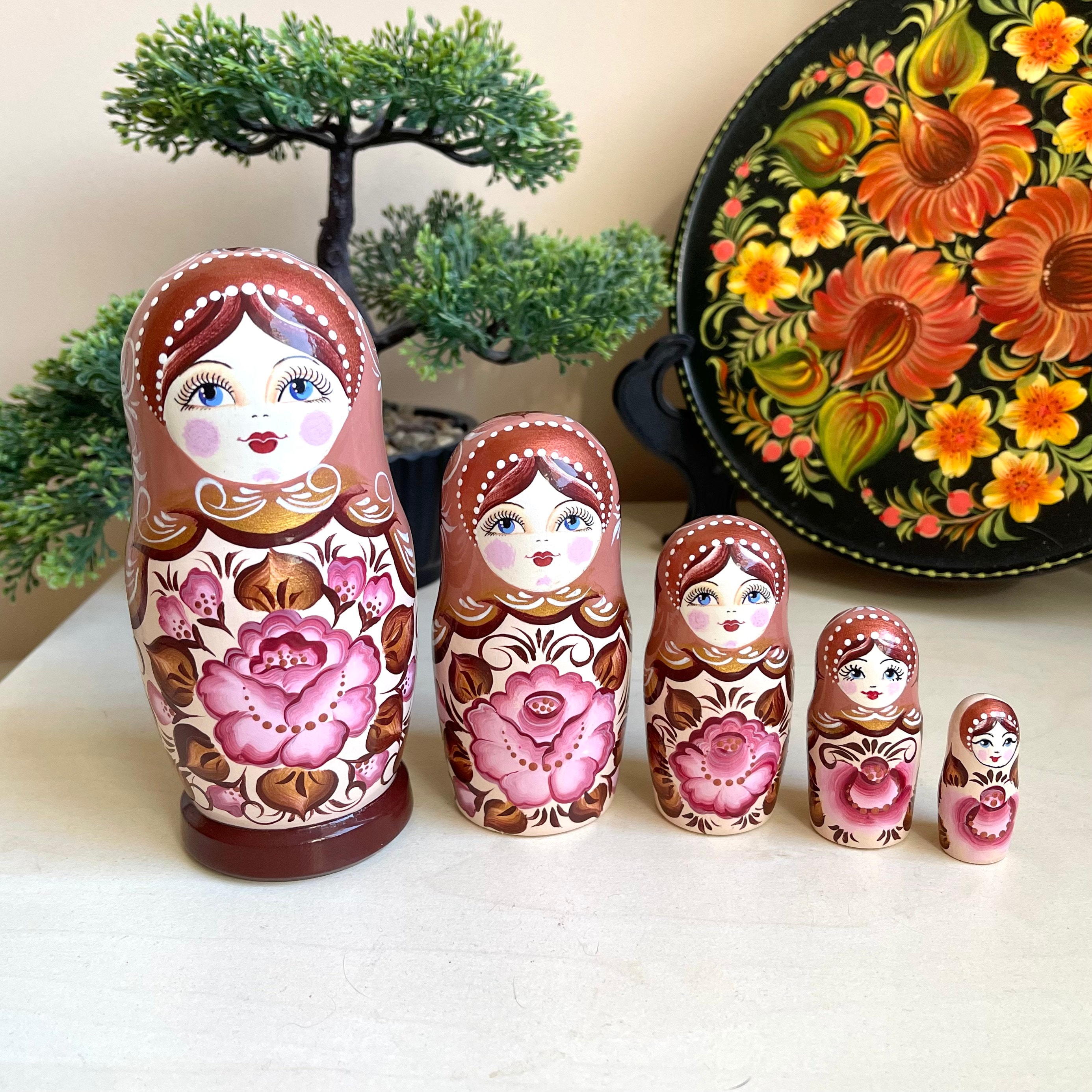 New Floral Ornament Nesting Doll 5pcs 5,4” Hand Painted Wooden Matryoshka, Ukrainian Art Doll, Flowers Living Room Decor, Birthday Treasure
