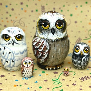 Miniature Owls Nesting Doll 5pcs 4” Collectible Art Wooden Matryoshka, Personalized Birthday Gift, Zoo Birds Home Decor, Mother's Day Decor