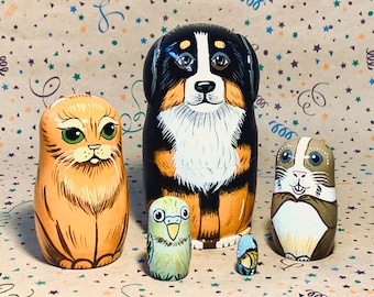 Happy Pets Nesting doll 5pcs, Hand Painted Wooden Matryoshka, Animal Zoo Doll, Personalised Birthday Gift for Kids, Christmas Toddler Gift