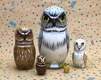 Owl Nesting Dolls Wooden, Handpainted Matryoshka Set, Wildlife Art Collectible, Barn Snowy Owl Decor