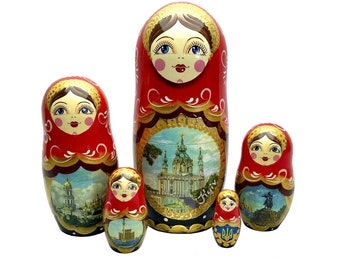 Kyiv City Nesting Doll 5 pcs 6”, Ukrainian Hand Painted Matryoshka, Personalised Art Doll, Souvenir from Ukraine, Living Room Decor