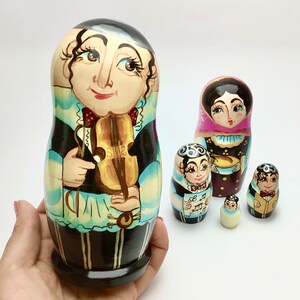 Jewish Family 5pcs Nesting Doll, Hanukkah Menorah Room Decor, Shabbat Gift Set With Violin 6”