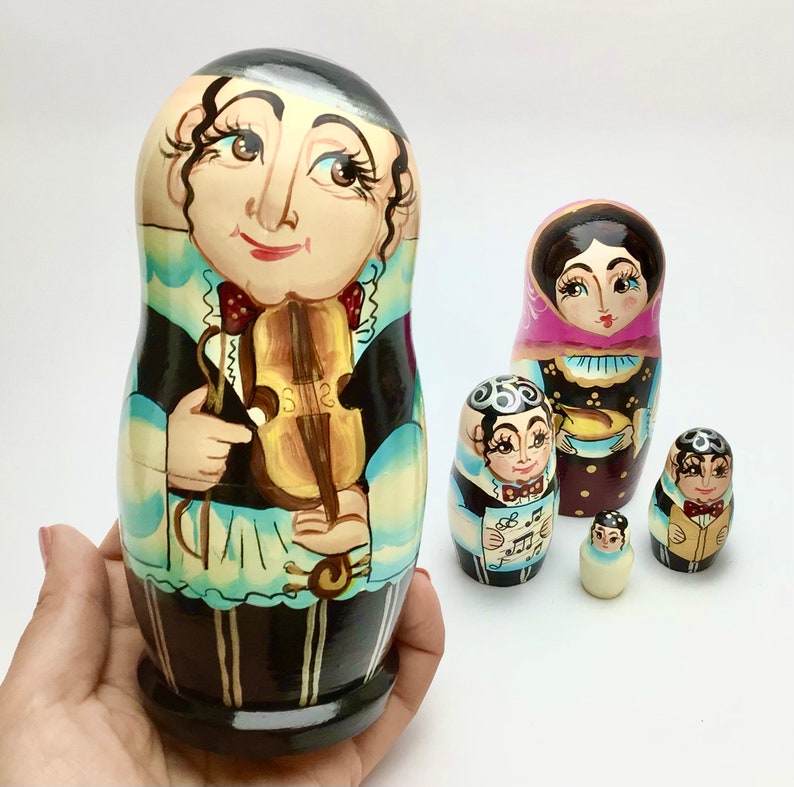 Jewish Family 5pcs Nesting Doll, Hanukkah Menorah Room Decor, Shabbat Gift Set With Violin 6”