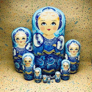Cute Ukrainian Nesting Doll with Blue Floral Design, Hand Painted Wooden Matryoshka with Ethnic Petrykivka Style, Made in Ukraine Art Doll