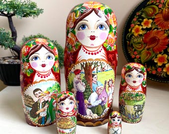 Bambole matrioska dipinte a mano, 5 pezzi di matrioska, souvenir di arte popolare ucraina