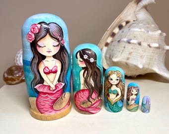 Mermaid Nesting Doll 5-teiliges Set, handbemalte Holzmatroschka, Osterkinderzimmerdekor