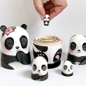 Panda Bears Matryoshka, Nesting Doll 5pcs 5,3/13,5cm or 4.25'' 11 cm, Baby Panda Room Decor, Personalised Doll for Kids, Asia Style Decor image 4