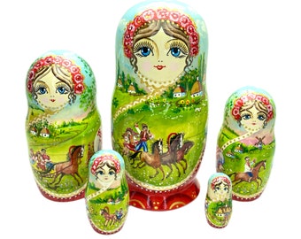 Ukrainian Nesting Doll 5pcs 6” Hand Painted Wooden Matryoshka, Easter Personalised Treasure, Montessori Stacking, Collectible Art Doll