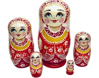 Cute Ukrainian Nesting Doll with Red Flowers 5pcs 4,5” Handmade Matryoshka Personalized Birthday Gift Easter Room Decor Floral Ornament Toy