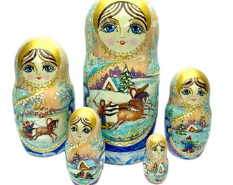 Christmas Nesting Doll Set, 5 pcs Hand Painted Wooden Matryoshka 6”, Personalised Winter Holidays Gift