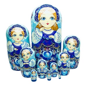 Ukrainian Nesting Doll with Blue Folk Petrykivka Painting 10pcs 11” Personalized Birthday Gift, Unique Home Decor, Blue Floral Ornament Doll