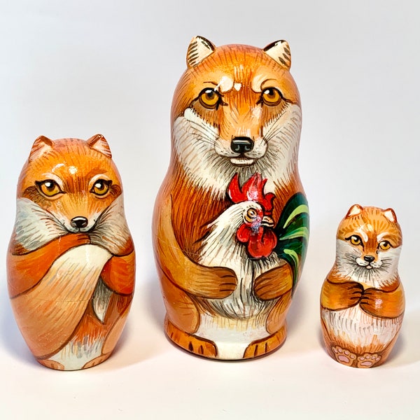 Foxes Nesting Doll, Matryoshka 3 pcs 5,2” Baby Fox Room Decor, Forest Animal, Learning and Montessori, Birthday Personalized Gift, Kids Gift