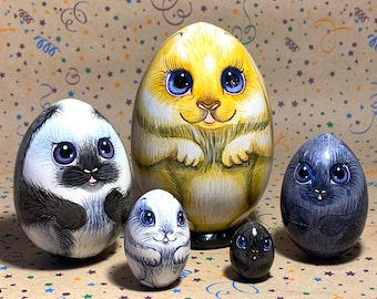 Easter Bunny Nesting Eggs 5 pcs 11 cm/4,3'', Matryoshka Babushka, Rabbits Home Decor, Easter Home Decor, Personalised Easter Gift