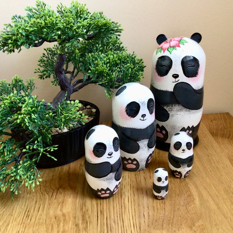 Panda Bears Matryoshka, Nesting Doll 5pcs 5,3/13,5cm or 4.25'' 11 cm, Baby Panda Room Decor, Personalised Doll for Kids, Asia Style Decor image 7