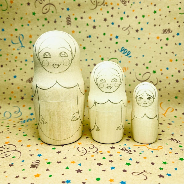 Matryoshka Blank Nesting doll 4.2" 3 pcs, Unpainted Blank Matryoshka, Eco Wooden Set Unpainted, DIY kit, Painting with Kids, Montessori Toy